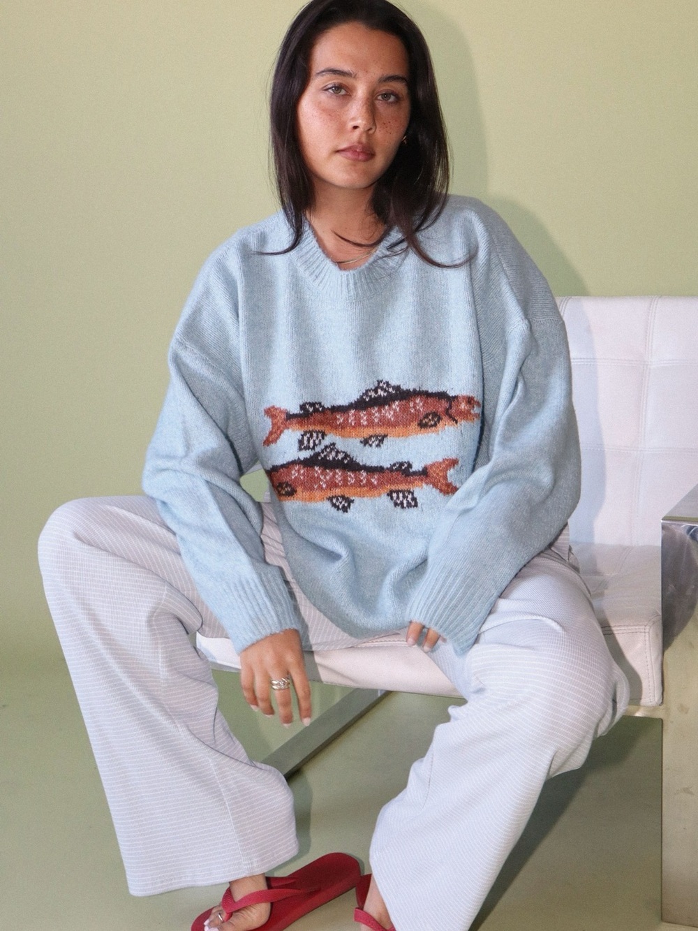 Bailey Rose Cozy Fish Pattern Sweater Light Blue S